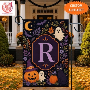 Bandiera da giardino personalizzata per Halloween, decorazione per il giardino con monogramma di zucca, fantasma e gatto nero.