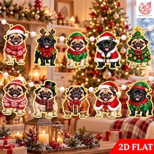May include: A decorative garland featuring ten flat, illustrated pug ornaments in various holiday costumes, including Santa suits, elf outfits, reindeer antlers, and a Christmas tree, all strung together with white beads on a string.