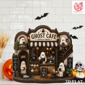 以下が含まれることがあります： 白い幽霊のフィギュア、ストライプのオーニング、GHOST CAFÉ、OPEN、MENU、SIPS & SPOOKSと書かれた看板が特徴のミニチュアのGhost Caféコーヒーショップ。カウンター、エスプレッソマシン、ペストリー、テーブルが含まれています。