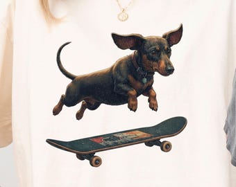 Skateboarding Dog Graphic T-Shirt: Vintage Dachshund Tee, Dog Skate Retro Streetwear, Unisex Oversized Shirts