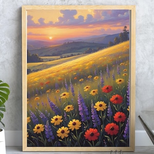 Summer Sunset Wildflower Field Wall Art Print, Floral Wall Decor, Rustic Digital Download