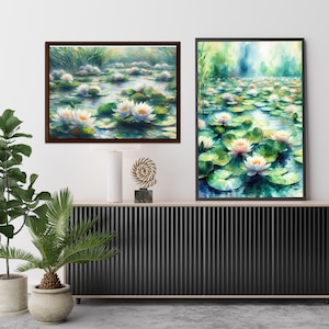 Wall Art Print Download Set - Water Lily, Watercolor Floral Prints, Botanical Wall Art, Impressionist Painting, Set of 2 Prints