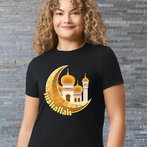 Inshallah Eid Ramadan Gift Islamic Moon T-Shirt, Masjid for Men, Women Gold Mosque Tee, Muslim Apparel, Religious TShirt
