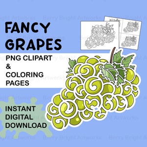 Puede incluir: Gráfico digital de uvas verdes con hojas, etiquetado como "FANCY GRAPES". Incluye imágenes prediseñadas PNG y páginas para colorear, con el texto "INSTANT DIGITAL DOWNLOAD" sobre un fondo azul.
