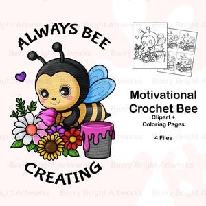 Gehäkelte Biene Malerei Blumen Clipart, bunte Sublimation PNG, Klassenzimmer Motivationsplakat, Be Yourself Zitat, Bildschirm Kostenlose PDF zum Ausmalen