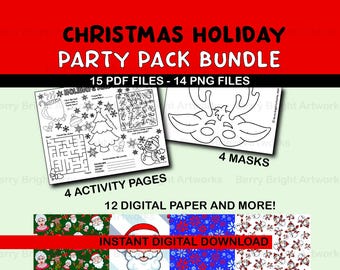 Op de afbeelding: Een Christmas Holiday Party Pack Bundle met activiteitenpagina's, maskers en digitaal papier. De afbeelding toont een rode banner met witte tekst, waaronder "Christmas Holiday Party Pack Bundle". De bundel bevat 15 PDF-bestanden, 14 PNG-bestanden, 4 maskers en 4 activiteitenpagina's.