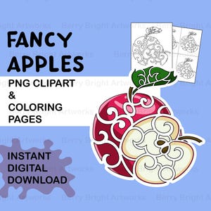 Puede incluir: Imagen de arte digital que presenta una manzana roja con un diseño ornamental y una sección cortada. La imagen incluye el texto "FANCY APPLES" y "PNG CLIPART & COLORING PAGES". Un gráfico de salpicaduras moradas dice "INSTANT DIGITAL DOWNLOAD".