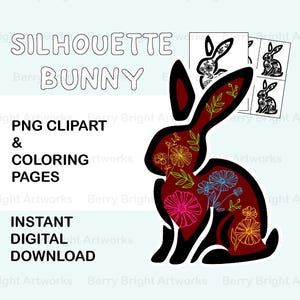 Red Silhouette Flower Bunny PNG vector style clipart, Kids Printable Coloring Page activity, Easter sublimation craft project, spring art