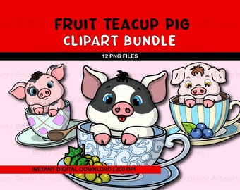 May include: A digital clipart bundle featuring three cartoon pigs in teacups. The pigs have pink and black markings, and the teacups are decorated with patterns and fruit. Text at the top reads "FRUIT TEACUP PIG CLIPART BUNDLE".