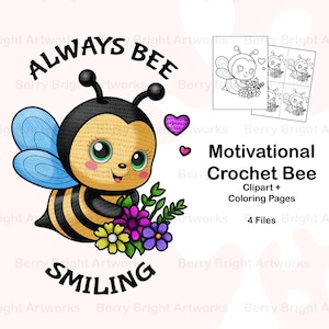 Abeille au crochet, fleurs colorées, sublimation PNG, image de dessin animé mignon insecte, conception motivante unique pour écran de bricolage, coloriage amusant gratuit