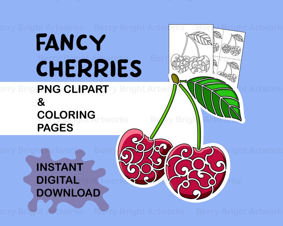 Fancy Cherries PNG Clipart, Printable Coloring Pages (PDF) - Etsy