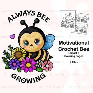 Abeille fleur colorée au crochet colorée Clipart sublimation PNG Image de dessin animé d'insecte Design unique motivant pour écran de bricolage coloriage amusant gratuit