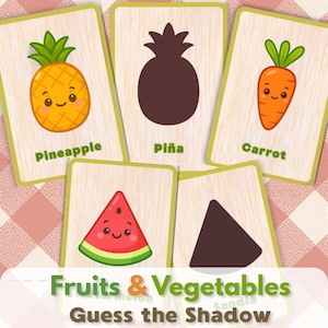 Match the Shadow Flashcards, Bilingual Fruits & Vegetables Learning Game, Preschool Activity, Montessori Printable for Kids