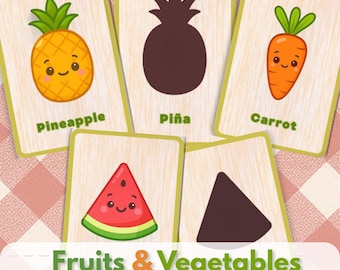 Fruits & Vegetables Shadow Matching Cards | Bilingual English Spanish Preschool Activity | Montessori, Printable for Kids