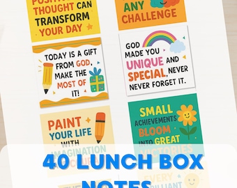 Notas para la lonchera de niños / 40 afirmaciones imprimibles / Tarjetas motivacionales para la lonchera / Notas de ánimo para la escuela / PDF