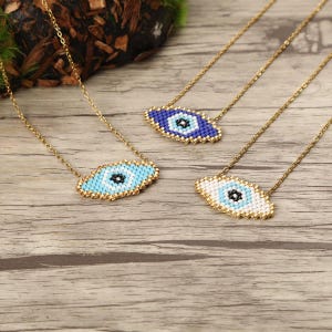Sacred Eye Seed Bead Necklace - Handmade Oval Evil Eye Pendant - Miyuki Delica Protection Jewelry - Spiritual Talisman Gift
