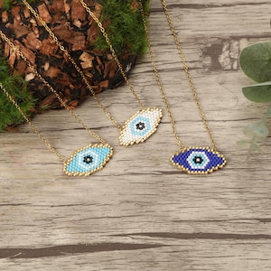 Oval Evil Eye Necklace - Seed Bead Protection Talisman - Handmade Miyuki Delica Jewelry - Spiritual Boho Gift