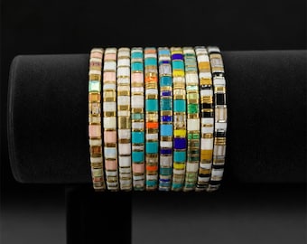 Miyuki Tila Bead Bracelet, Handwoven Square Seed Bead Jewelry, Adjustable Bohemian Summer