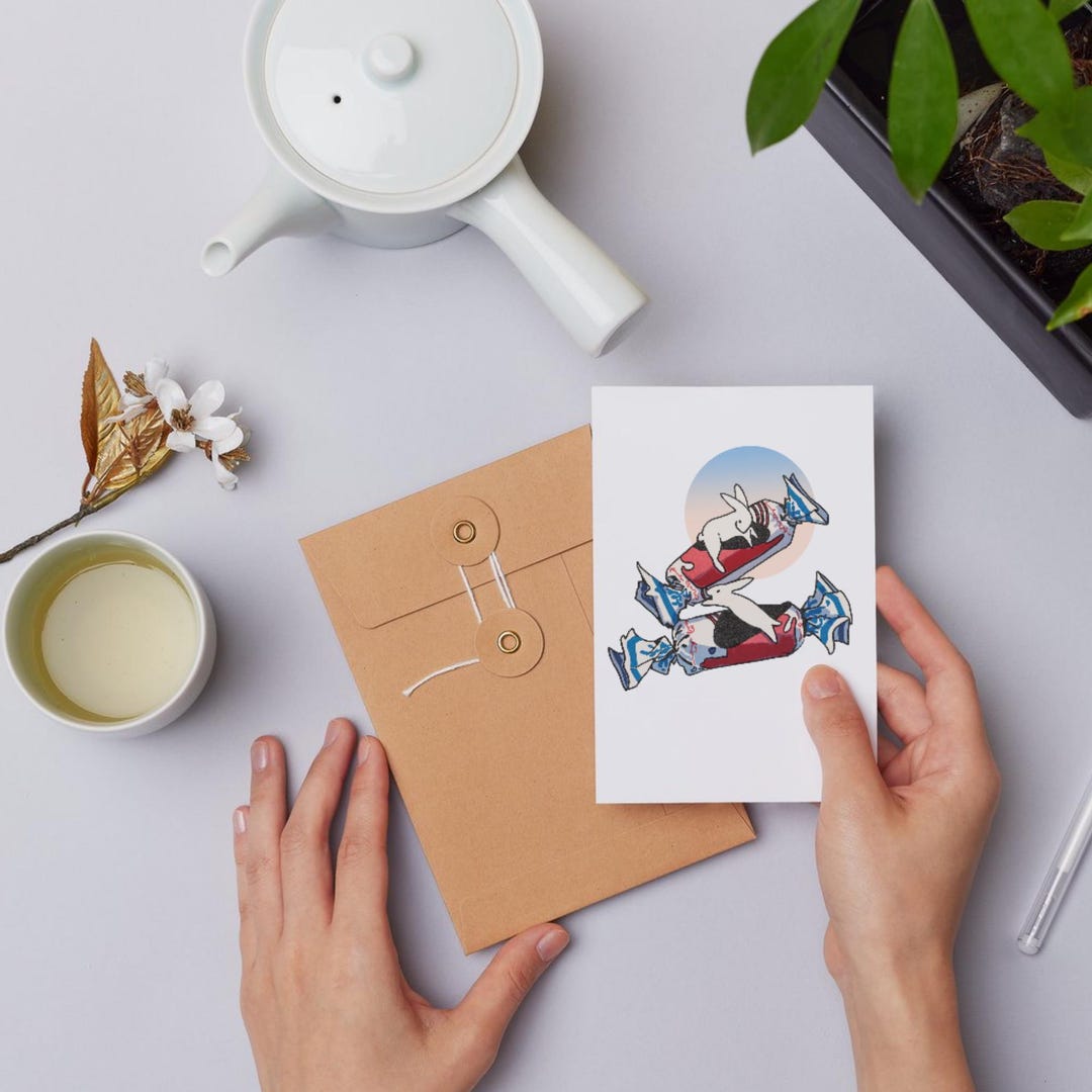 White Rabbit Candy Greeting Card | AAPI Kawaii Snack Art | Blue Pink ...