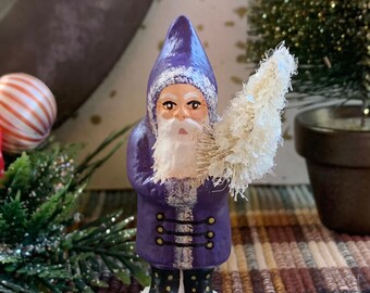 Folk Art Chalkware Mini Belsnickle Santa from Chocolate Mold Dark Purple Coat  READY TO SHIP