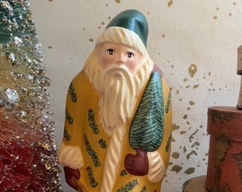 Folk Art Chalkware Belsnickle Santa from Chocolate Mold Mustard Coat   READY TO SHIP