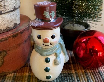 Folk Art Chalkware Snowman from Chocolate Mold Red Hat