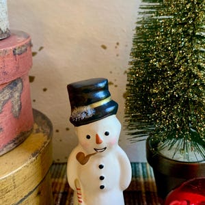 Folk Art Chalkware Snowman from Chocolate Mold Black Top Hat    READY TO SHIP
