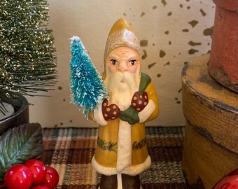 Folk Art Chalkware Mini Belsnickle Santa from Chocolate Mold Mustard Coat READY TO SHIP