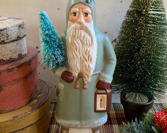 Folk Art Chalkware Large Belsnickle Santa from Chocolate Mold Sage Green Coat Lantern
