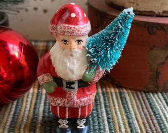 Tiny Chalkware Santa From Vintage Chocolate Mold Red Coat
