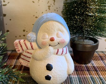 Folk Art Chalkware Snowman from Chocolate Mold Baby Blue Hat