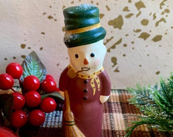 Folk Art Chalkware Snowman from Chocolate Mold Red Coat  READY TO SHIP
