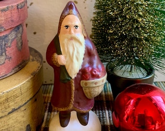 Folk Art Chalkware Belsnickle Santa from Chocolate Mold Apple Basket  READY TO SHIP