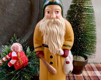 Folk Art Chalkware Large Belsnickle Santa from Chocolate Mold Mustard Coat   READY TO SHIP