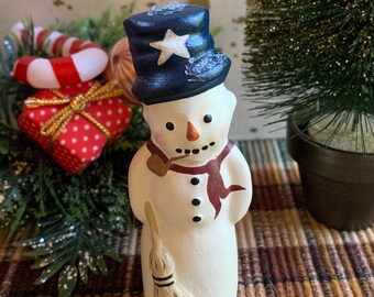 Folk Art Chalkware Snowman from Chocolate Mold Blue Top Hat    READY TO SHIP