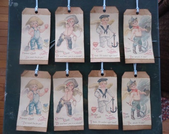 Eight Primitive Hand Made Vintage Look Cupid Boy Valentines Gift Hang Tags