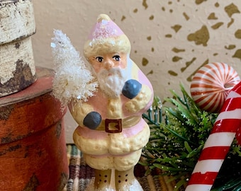 Folk Art Chalkware Mini Nast Santa from Chocolate Mold Soft Pink Coat  READY TO SHIP