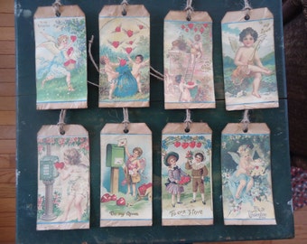 Eight Primitive Hand Made Valentines Vintage Look Holiday Gift Hang Tags