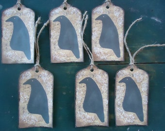 Six Primitive Hand Made Crow Themed Gift Hang Tags