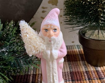 Tiny Chalkware Santa From Vintage Chocolate Mold Pink Robe    READY TO SHIP