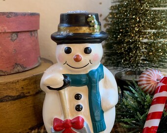 Folk Art Chalkware Snowman from Chocolate Mold Teal Scarf    READY TO SHIP