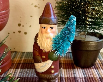Folk Art Chalkware Mini Belsnickle Santa from Chocolate Mold Barn Red Coat   READY TO SHIP