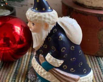Folk Art Chalkware Walking Belsnickle Santa from Chocolate Mold Purple Coat