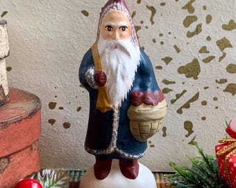 Folk Art Chalkware Santa from Chocolate Mold Apple Basket Navy Coat READY TO SHIP