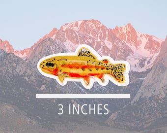 May include: A sticker featuring a colorful illustration of a trout fish, approximately 3 inches in length. The fish has yellow, orange, and black markings. The background shows a mountain range under a light blue sky.