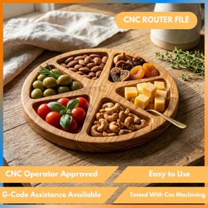 Archivos CNC para bandeja redonda de madera para servir - Bandeja de aperitivos de 6 secciones, proyectos de fresado CNC para cuencos de madera - Descarga digital en Dxf, Svg, Stl, Eps, Ai y Pdf