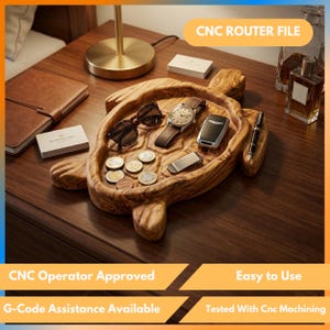 May include: A turtle-shaped wooden tray with a natural grain pattern, containing a pair of sunglasses, a wristwatch, a car key fob, a metal money clip, a fountain pen, and several coins. The text CNC ROUTER FILE is visible at the top.