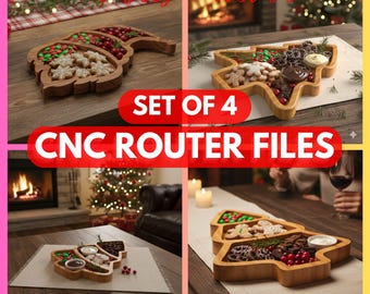 Set of 4 Christmas Serving Tray CNC Router Pack – Xmas Wooden Serving Board STL Designs, Noel Files For Cnc Router, Dxf, Stl, Svg,