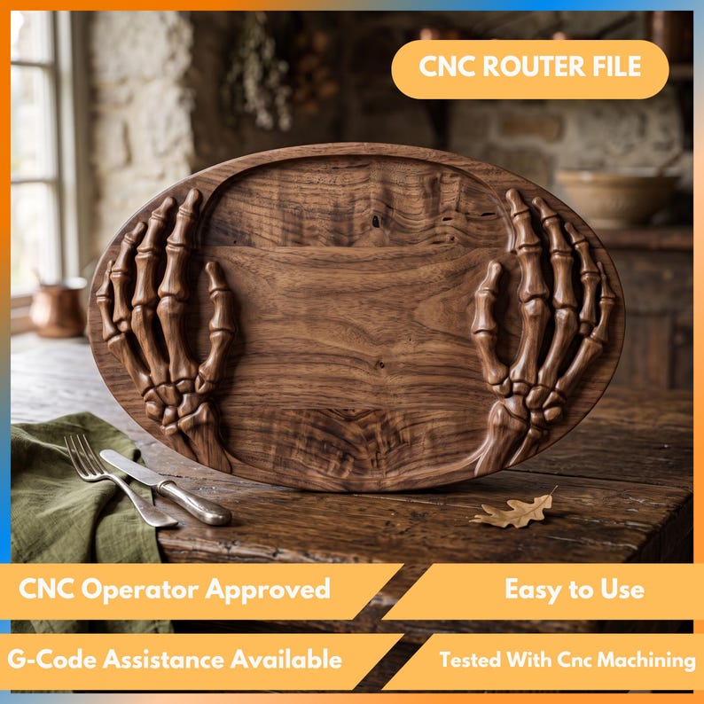 K&ouml;nnte beinhalten: Ein ovales Servierbrett aus Holz mit geschnitzten Skeletth&auml;nden auf der linken und rechten Seite. Das Brett hat eine nat&uuml;rliche Holzmaserung. Der Text auf dem Bild umfasst CNC ROUTER FILE, CNC Operator Approved, Easy to Use, G-Code Assistance Available und Tested With Cnc Machining.