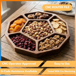 Puede incluir: Una bandeja de madera con múltiples compartimentos llena de varios bocadillos. La bandeja contiene albaricoques secos, higos, nueces, galletas saladas, arándanos rojos secos y nueces. El texto "CNC ROUTER FILE" es visible.